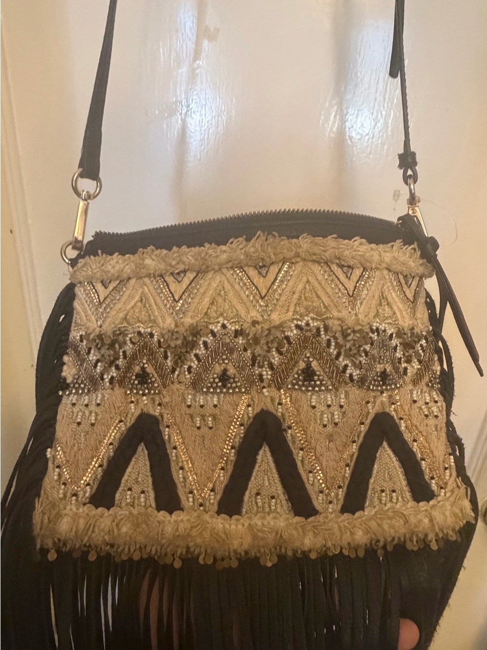 Rebecca Minkoff Boho Embellished Fringe Crossbody Bag in Black and Cream